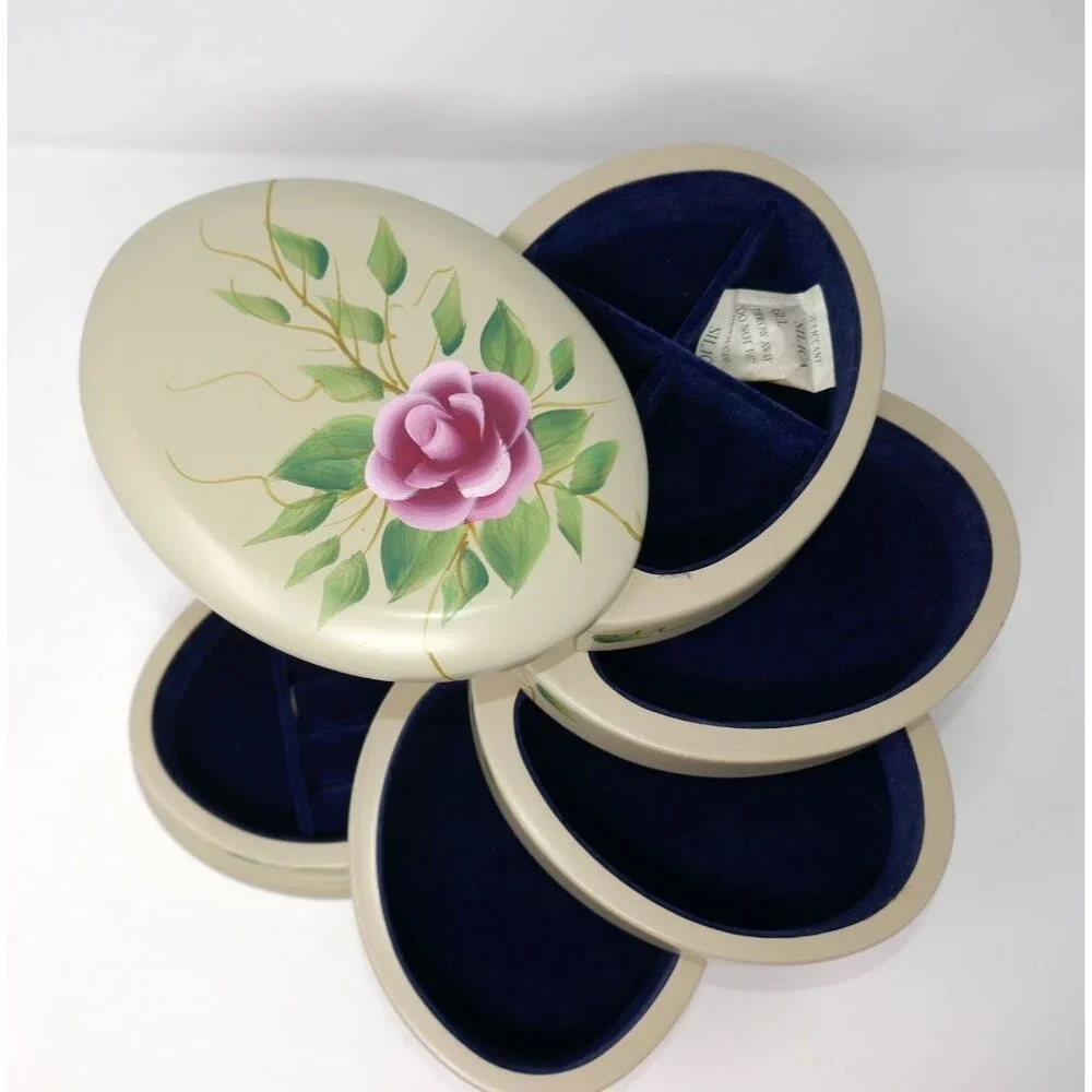 Calgon Flexzorb Vintage Wooden 5-Tier Swivel Jewelry Box Hand Painted Roses